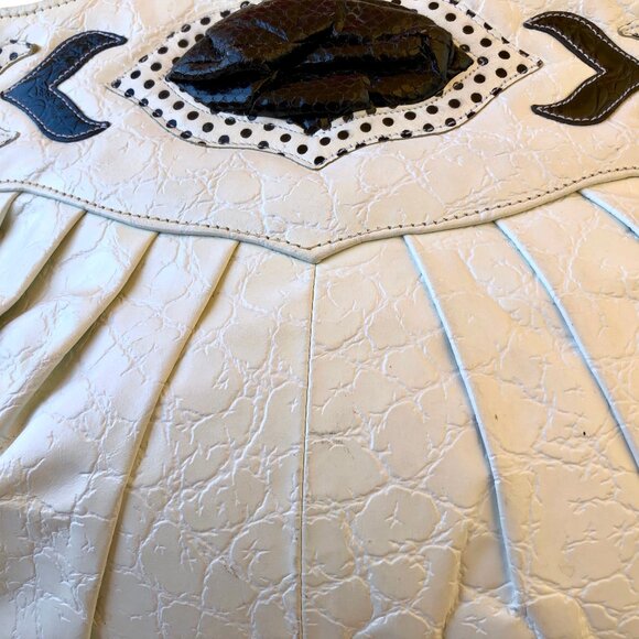 LIDO Vtg 80\'s Shoulder Handbag Lined White Croc Print Leather + Black Snakeskin